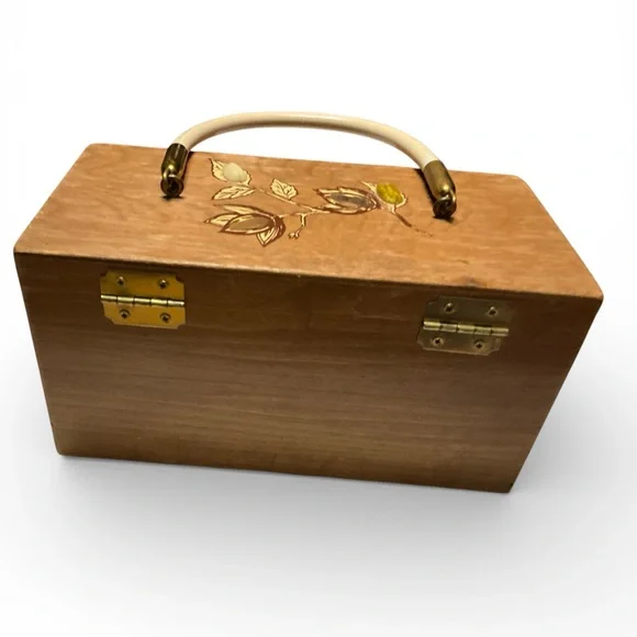 Vintage Enid Collins Texas Indian Corn Wood Box Purse Signed Mirror Inside - Picture 12 of 16